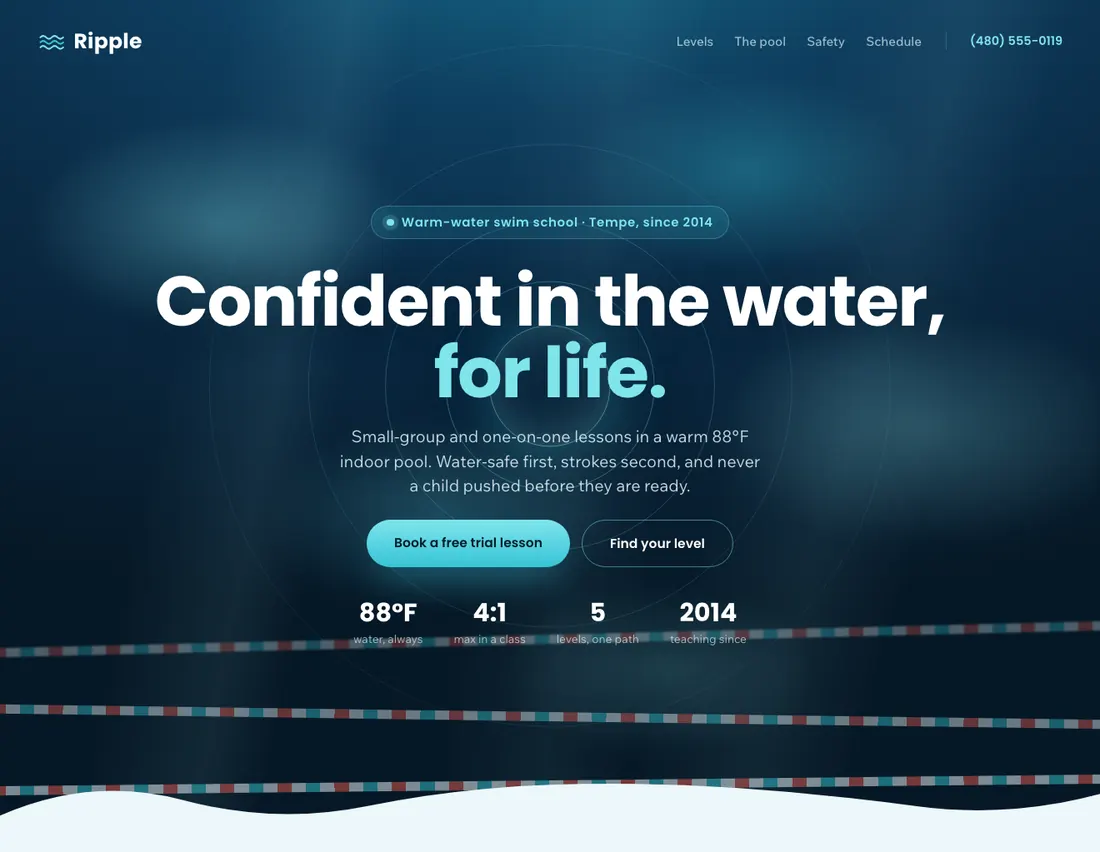 Home page of Ripple, an example site for swim school in Tempe