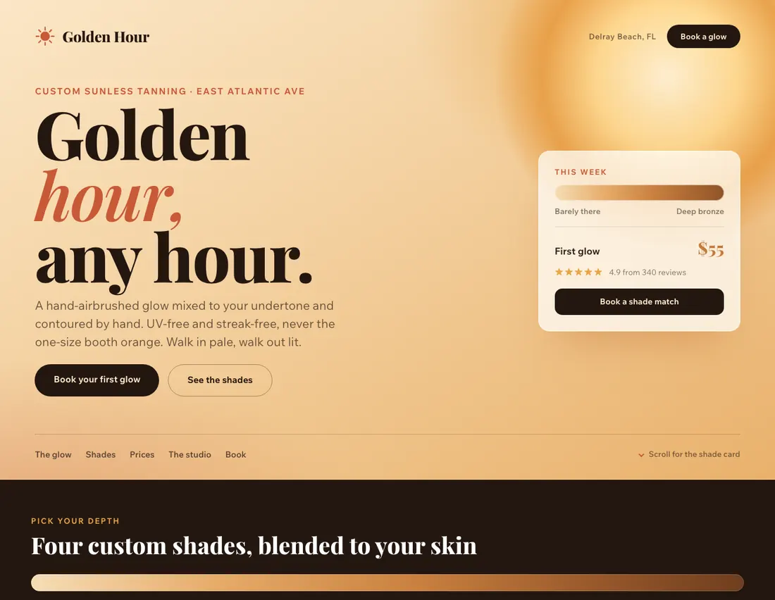 Home page of Golden Hour, an example site for sunless tanning studio in Delray Beach