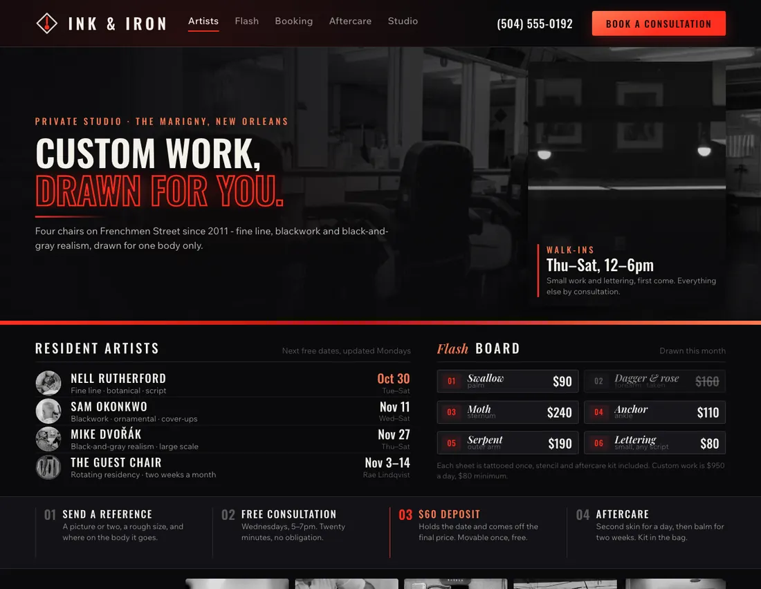 Home page of Ink & Iron, an example site for tattoo studio in New Orleans