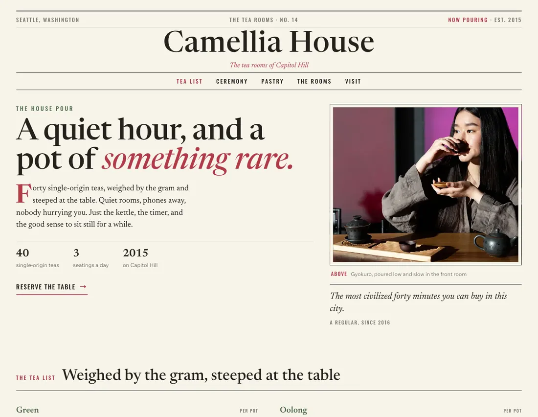 Home page of Camellia House, an example site for tea house in Seattle