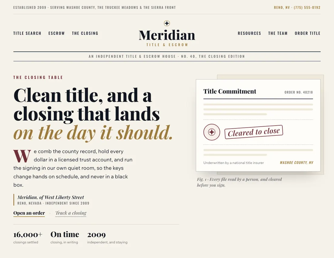 Home page of Meridian, an example site for title & escrow in Reno