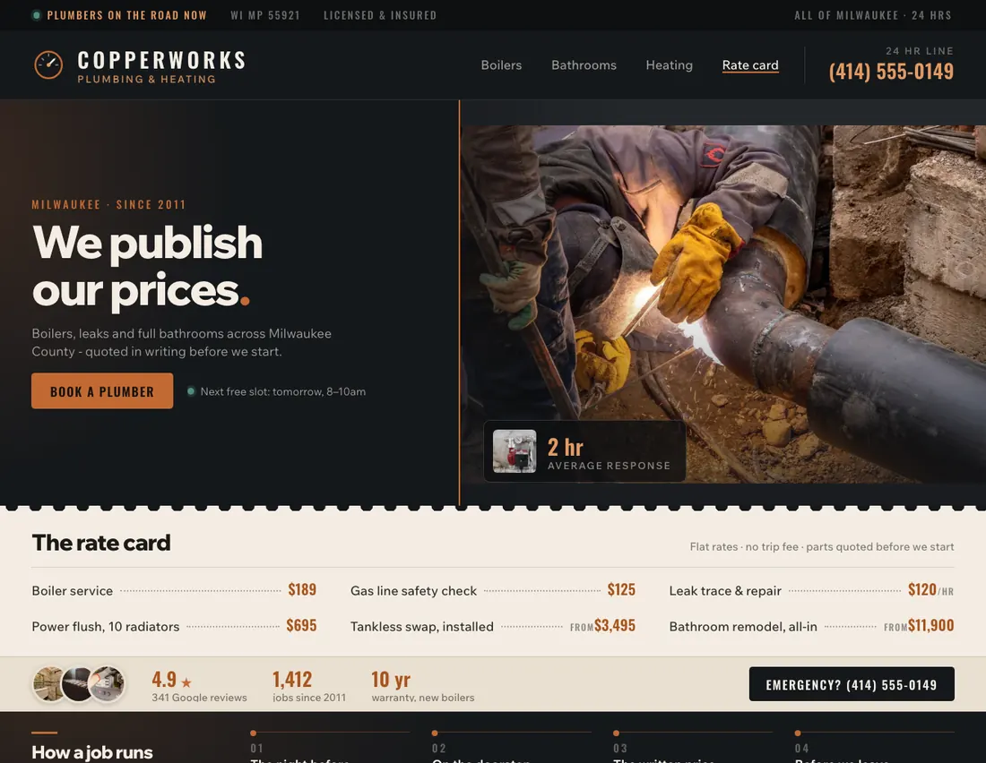 Home page of Copperworks, an example site for plumbing & heating in Milwaukee