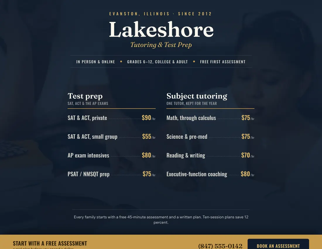 Home page of Lakeshore Tutoring, an example site for academic tutoring & test-prep center in Evanston
