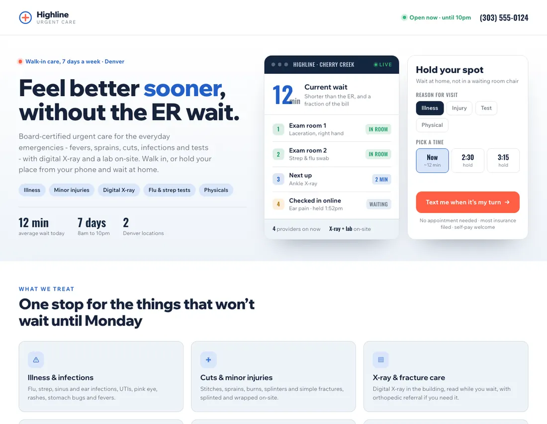 Home page of Highline Urgent Care, an example site for walk-in urgent care clinic in Denver