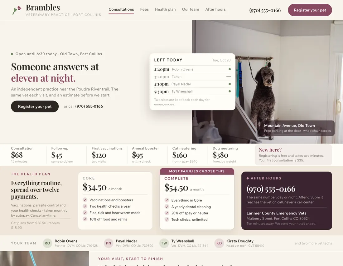 Home page of Brambles, an example site for veterinary practice in Fort Collins