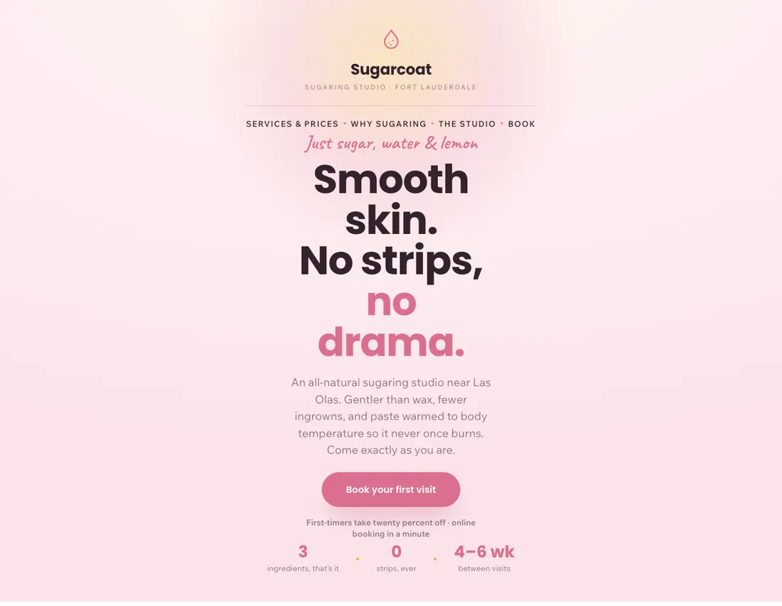 Home page of Sugarcoat, an example site for sugaring & waxing studio in Fort Lauderdale