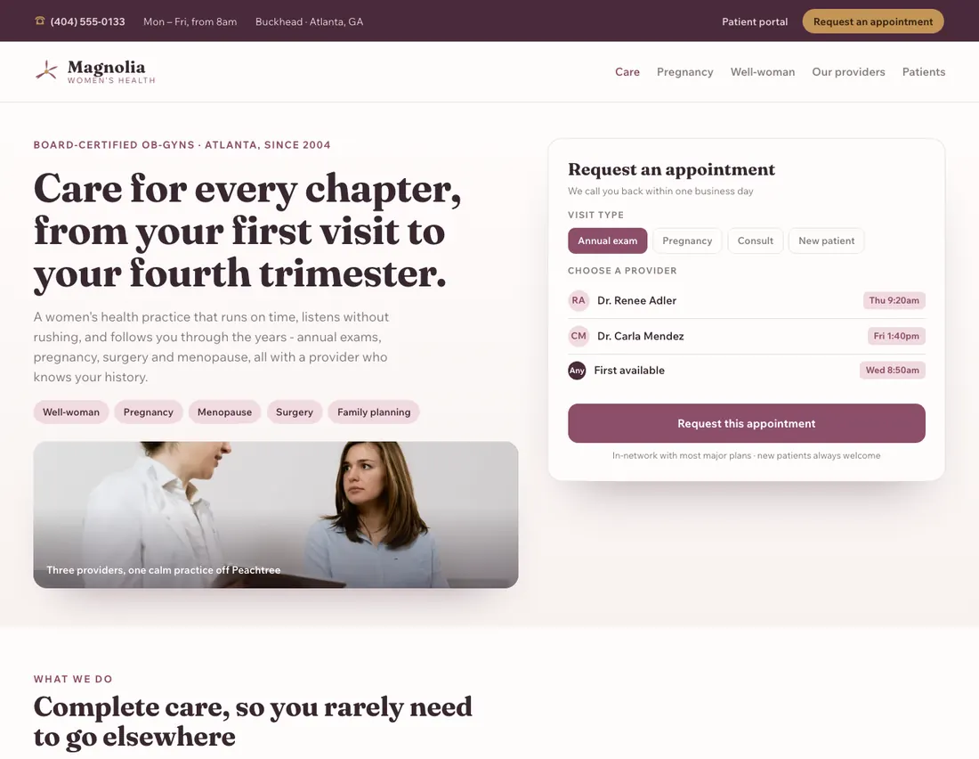 Home page of Magnolia Women’s Health, an example site for OB-GYN practice in Atlanta