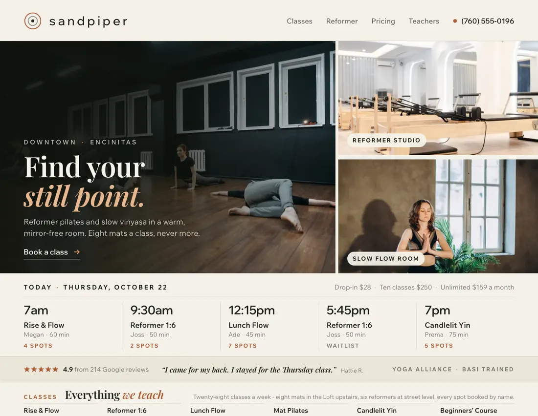 Sandpiper, yoga & pilates studio in Encinitas: the home page DEVIQO designed and wrote for it